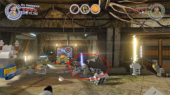 To get to the bricks to build the ship with, you have to perform all of the actions in the right side of the base, which will result in unlocking a vehicle with supply of cookies - Chapter 7 - The Resistance | Minikits and red bricks - Minikits and red LEGO bricks - LEGO Star Wars: The Force Awakens Game Guide