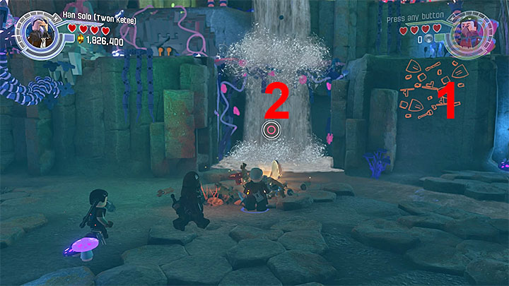 First, use bricks in point 1 and then in point 2 - Rathtar Hunting | Walkthrough - Side missions - LEGO Star Wars: The Force Awakens Game Guide