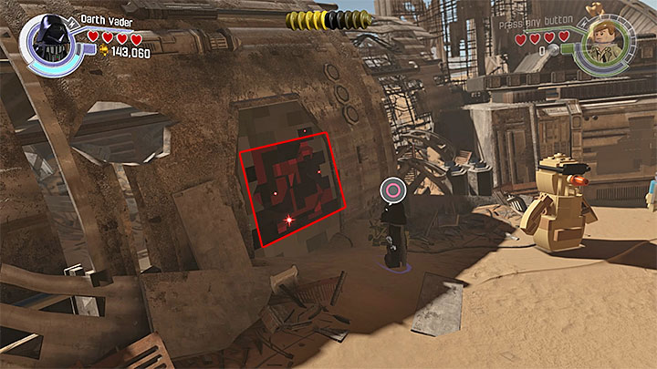 Special requirements: a character capable of using dark side of the Force (like Darth Vader) - Chapter 2 - Escape from the Finalizer | Minikits and red bricks - Minikits and red LEGO bricks - LEGO Star Wars: The Force Awakens Game Guide