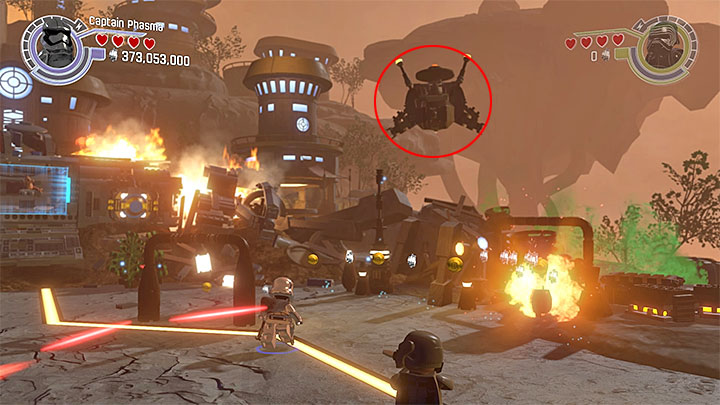 The air ship is on the right from the crashed transporter - Ottegan Assault | Minikits and red bricks - Minikits and red LEGO bricks - LEGO Star Wars: The Force Awakens Game Guide