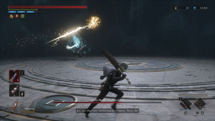 The second option involves creating a portal in the sky from which yellow projectiles appear - Lies of P: How to defeat Simon Manus, Arm of God/Awakened God boss? - Main - Lies of P Guide