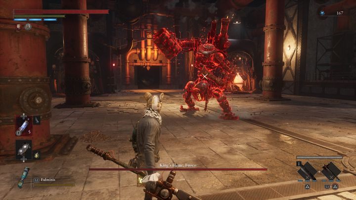 When the King's Flame, Fuoco, begins to prepare for a fury attack and he turns red, he will make a long charge towards you - Lies of P: How to defeat the boss Kings Flame, Fuoco? - Main - Lies of P Guide