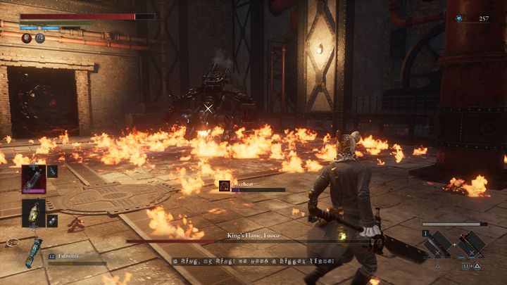 When the boss's health drops below 50%, he will move away from you and then stand still - Lies of P: How to defeat the boss Kings Flame, Fuoco? - Main - Lies of P Guide