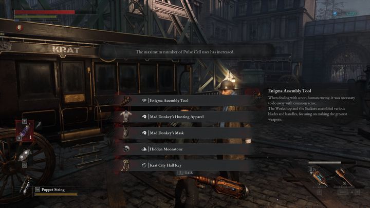 For defeating the Mad Donkey, you will receive 1278 Ergo, Enigma Assembly Tool, Mad Donkey's Hunting Apparel, Mad Donkey's Mask, Krat City Hall Key, and a Hidden Moonstone - Lies of P: How to beat the boss Mad Donkey? - Sidebars - Lies of P Guide