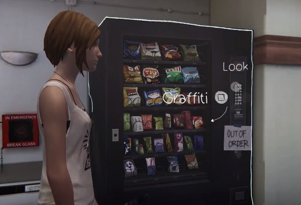 You can make a graffiti on the candy vending machine after you get a candy bar from it - Graffiti Life Is Strange: Before the Storm Episode 3 Hell is Empty - Episode 3 - Hell is Empty - Life Is Strange: Before the Storm Game Guide