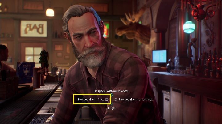 Immediately go see Jed and order a "Cheeseburger with mushrooms" and a "Pie special with fries" - Life is Strange True Colors: Bar chapter 1 - walkthrough - Life is Strange True Colors: Chapter 1 Side A - Life is Strange True Colors Guide