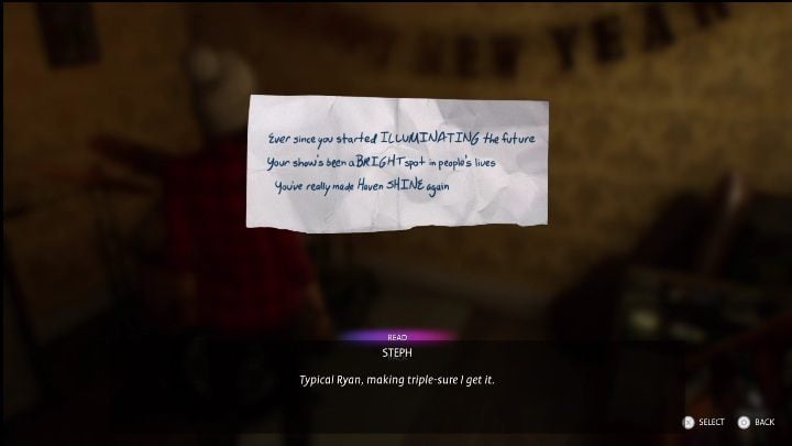To get the 3rd hint, you should go to a separate room, right behind the drums you will see a card - Life is Strange True Colors Wavelengths: Winter - walkthrough - Life is Strange True Colors: Wavelengths DLC - Life is Strange True Colors Guide