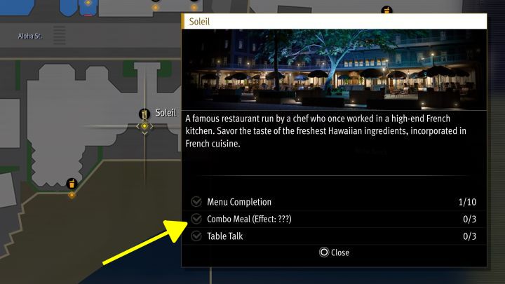 You can hover the cursor over the restaurant icons on city maps and ask the game to display details - Infinite Wealth: How to unlock and activate Combo Meals in restaurants? - FAQ - Like a Dragon Infinite Wealth Guide