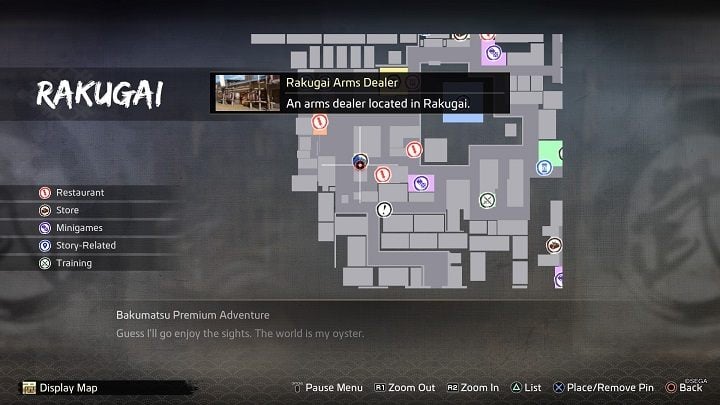 The Rakugai Arms Dealer is located in the eastern part of the Rakugai district on West Umekojicho Street - Like a Dragon Ishin: Friendships - Shops - Secrets and activities - Like a Dragon Ishin Guide