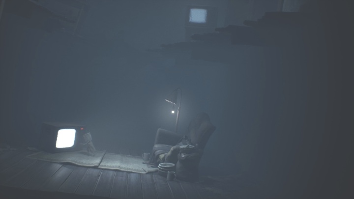 Activate the TV located right next to the chair, then climb up the ladder - Little Nightmares 2: TVs - Chapter 4 walkthrough - Chapter 4 - Getting to the Tower - Little Nightmares 2 Guide