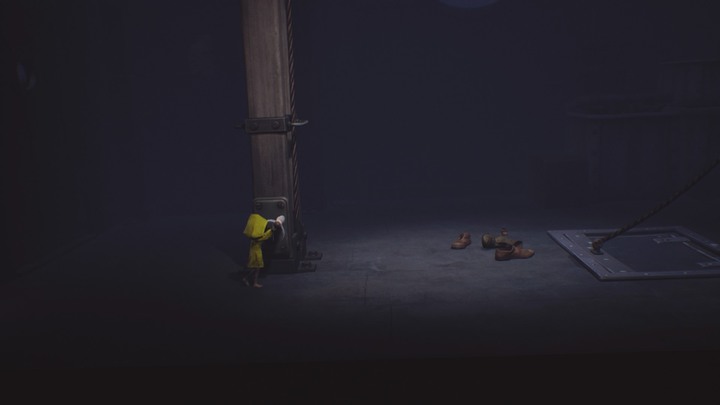 Use the leverage and quickly jump into the hatch, or youll get caught! - Little Nightmares: Quarters of the blind creature - walkthrough - The Lair - Little Nightmares Game Guide