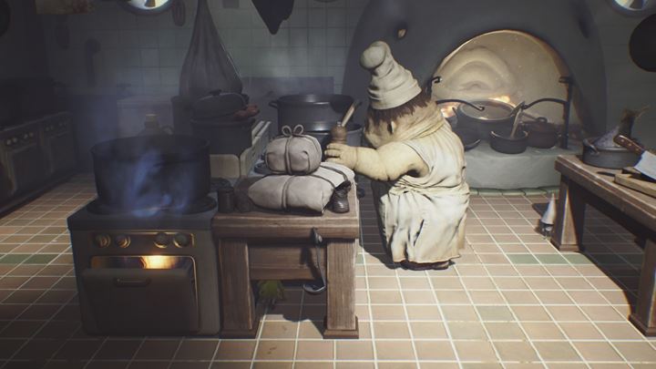 Hide under the table and do not let yourself be detected. - Little Nightmares: First meeting with the cook - walkthrough - The Kitchen - Little Nightmares Game Guide