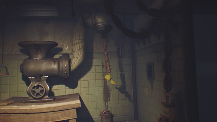 Create a chain of sausages and jump to the opening in the wall. - Little Nightmares: Key from the bedroom, visit in the cold store - walkthrough - The Kitchen - Little Nightmares Game Guide