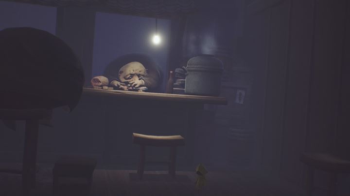 Move the stool on the right and light the torch. - Little Nightmares: Explore the cafeteria, run from the guests - walkthrough - The Guest Area - Little Nightmares Game Guide