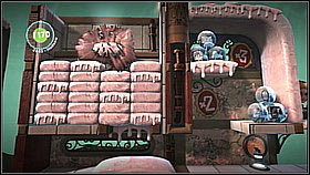 Now grab the box and use it to hit the switch on the ceiling (it's electrified, so activating it without an insulator would mean death) - Runaway Train - Victoria's Laboratory - LittleBigPlanet 2 - Game Guide and Walkthrough