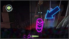 Launch off the launch pad on the upper left platform to the right and grab onto the middle sponge while falling - you should be able manoeuvre in such a way to get the upper surface and reach the item bubble - Maximum Security - The Factory of a Better Tomorrow - LittleBigPlanet 2 - Game Guide and Walkthrough