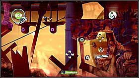 Once Sackbots join you, grab the two sponges above the pit to lower the platforms - Where in the World is Avalon Centrifuge - The Cosmos - LittleBigPlanet 2 - Game Guide and Walkthrough