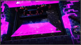 In the third phase the enemy will be shooting purple projectiles - they're easiest to dodge by just jumping, as the beam will damage you only when touching the ground (explosion) - Into the Heart of the Negativitron - The Cosmos - LittleBigPlanet 2 - Game Guide and Walkthrough