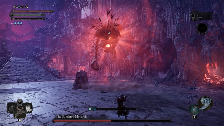 When the boss approaches half of his HP bar, fiery swords will pierce his body, and he will rise into the air - Lords of the Fallen: How to defeat boss The Sundered Monarch? - Main - Lords of the Fallen Guide