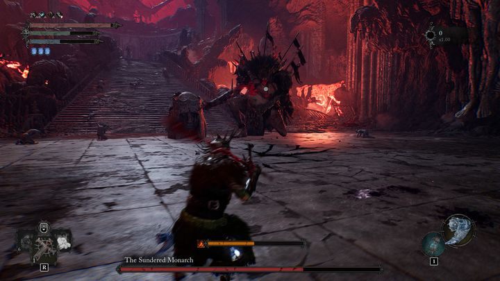 If you get too far away, the boss will prepare a charge - Lords of the Fallen: How to defeat boss The Sundered Monarch? - Main - Lords of the Fallen Guide