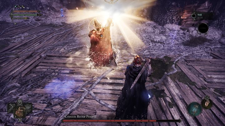 When you see that the boss is surrounded by a golden aura, he will start healing - Lords of the Fallen: How to defeat the boss Crimson Rector Percival? - Optional - Lords of the Fallen Guide