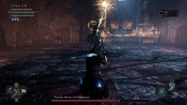 When the boss raises his glowing sword high up, it means that in a moment he will summon a few magic projectiles - Lords of the Fallen: How to defeat Tancred, Master of Castigations boss? - Main - Lords of the Fallen Guide