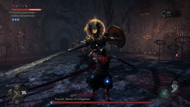 When it comes to this sword attacks, you can mitigate them by performing a side dodge at a right moment - Lords of the Fallen: How to defeat Tancred, Master of Castigations boss? - Main - Lords of the Fallen Guide