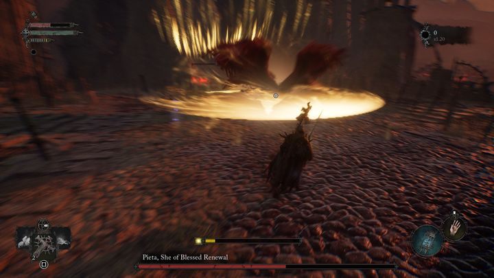 After a while, she will fly to one end of the arena, position herself in the center, and quickly fly to the other end, ramming everything in her path - Lords of the Fallen: How to beat Pieta, She of Blessed Renewal? - Main - Lords of the Fallen Guide