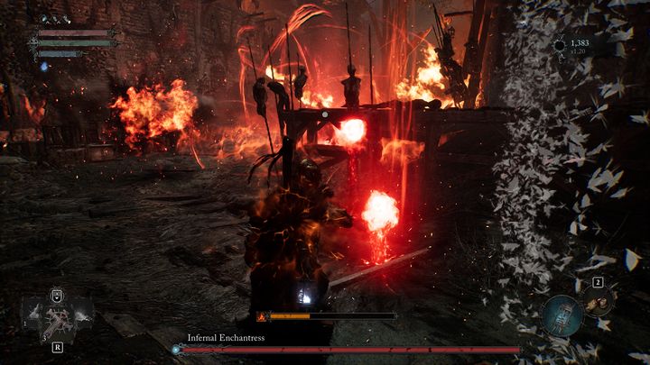 The boss can create several fireballs that slowly rise into the air - Lords of the Fallen: How to beat Infernal Enchantress boss? - Main - Lords of the Fallen Guide