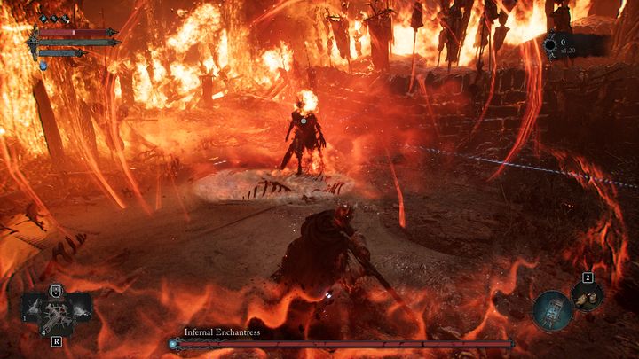 She'll only go on the offensive if you are very close to her - the boss will create a stream of flames from her hand - Lords of the Fallen: How to beat Infernal Enchantress boss? - Main - Lords of the Fallen Guide