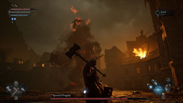 By standing on two legs and extending its tongue, the boss will cause an explosion to occur where you are - Lords of the Fallen: How to beat Spurned Progeny boss? - Main - Lords of the Fallen Guide