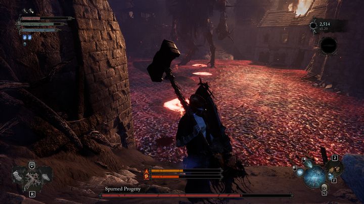 After the boss's health bar drops to about 70%, he will flood the entire lower arena with lava - Lords of the Fallen: How to beat Spurned Progeny boss? - Main - Lords of the Fallen Guide