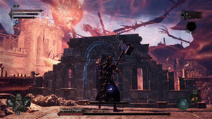 The boss's most dangerous attack is creating a huge fireball that explodes after a certain amount of time - Lords of the Fallen: How to beat Spurned Progeny boss? - Main - Lords of the Fallen Guide