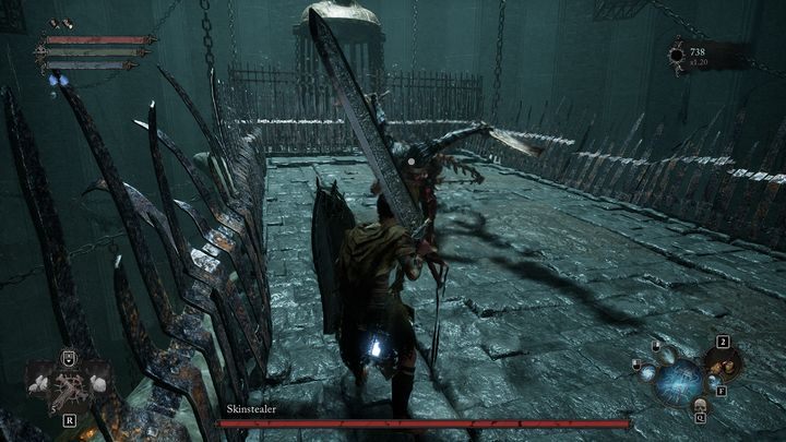 The boss doesn't have a very wide range of attacks; he usually waves his weapons in front of him - Lords of the Fallen: How to beat Skinstealer boss? - Main - Lords of the Fallen Guide