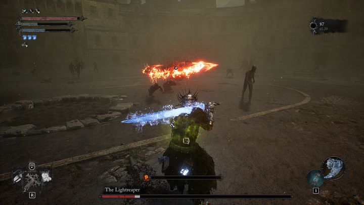When the boss starts spinning and jumps into the air, he will summon fire swords in a moment - Lords of the Fallen: How to defeat The Lightreaper boss? - Main - Lords of the Fallen Guide