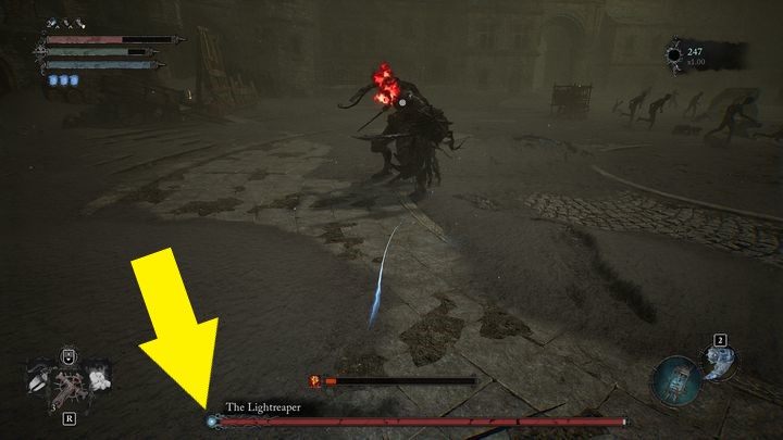 After the battle against The Lightreaper is initiated, you can see that on his health bar visible on the left, there is a blue dot, which means that he has a passive in place - Lords of the Fallen: How to defeat The Lightreaper boss? - Main - Lords of the Fallen Guide