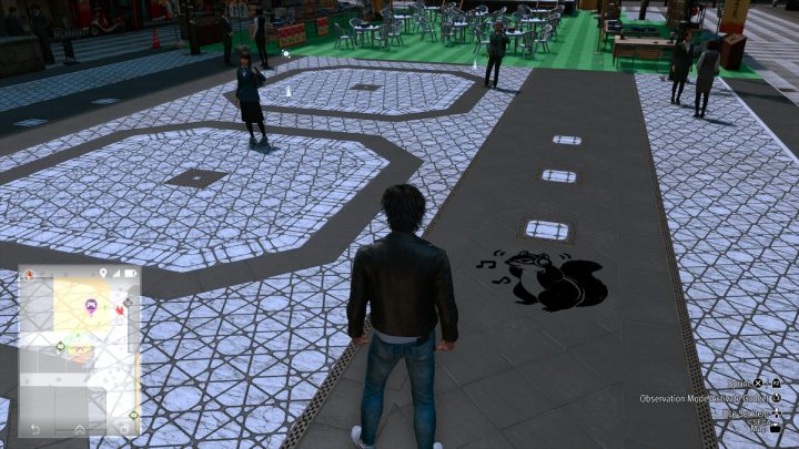The 44th image is located on the sidewalk in Theater Square - Lost Judgment: Squirrel search Theater - all squirrels, map - Kamurocho - Lost Judgment Guide