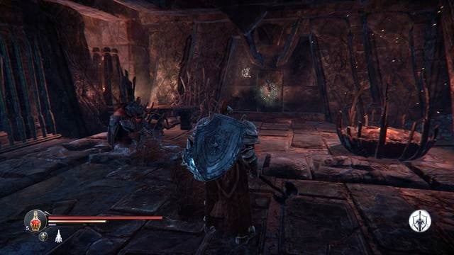 Your task is to find an area below, which has been shown in the screenshot (the room is behind the metal gate) - Destroy the Gate of Lords to Keystone | The Temple - The Temple - Lords of the Fallen 2014 Game Guide & Walkthrough