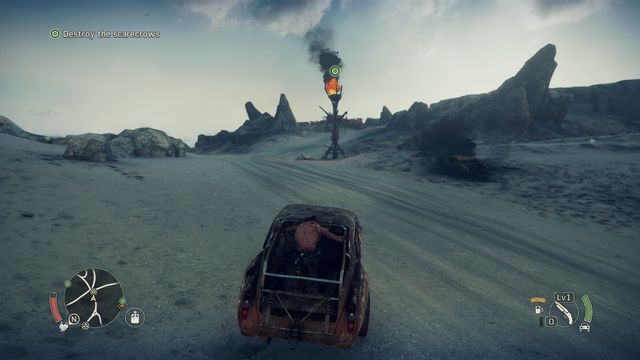 Destroying the Scarecrows reduce threat level in the neighborhood - ride through the posts or break them with the harpoon. - Righteous Work | Story missions - Story missions - Mad Max Game Guide