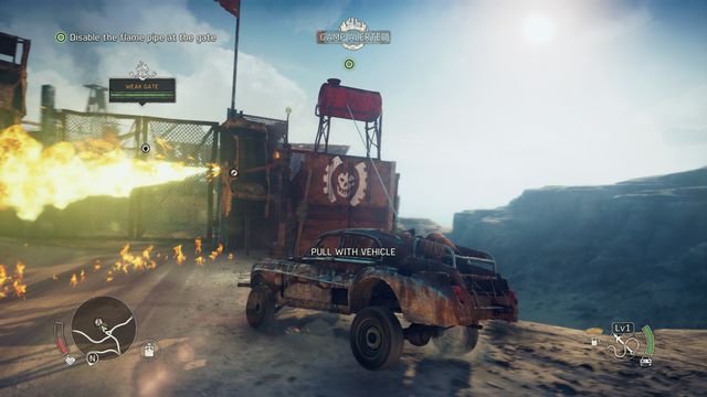 Use the harpoon to topple the tower with a sniper and the fuel container at the gate. - Righteous Work | Story missions - Story missions - Mad Max Game Guide