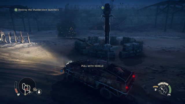 You will destroy the reinforced towers by toppling them with a harpoon. - Black Magic | Story missions - Story missions - Mad Max Game Guide