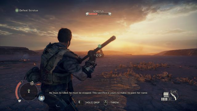 You will have a good position for an accurate throw just before Scrotus will start running at you. - Paint My Name in Blood | Story missions - Story missions - Mad Max Game Guide