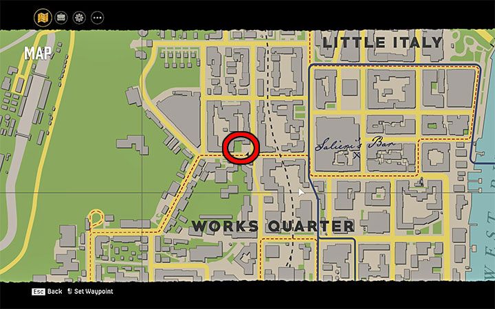 The comic book can be found in the area shown in the picture above - west of Salieri's bar in the Little Italy district and north of the Works Quarter district - Mafia Definitive Edition: Monthly Gangsters Comics - list and locations - Secrets and finders - Mafia Definitive Edition Guide, Walkthrough