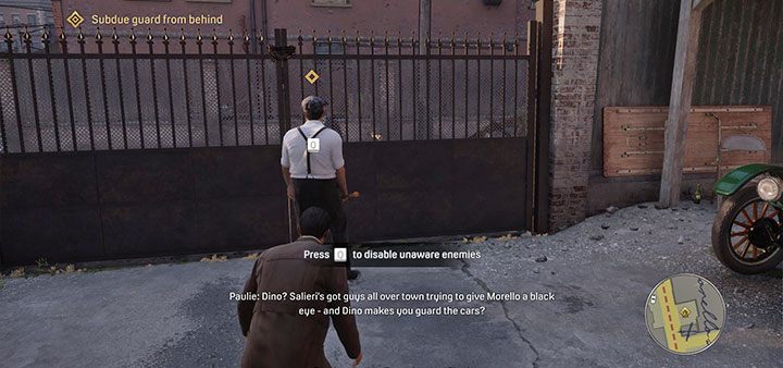 Wait till Paulie distracts the guard on the parking lot - Mafia Definitive Edition: Molotov Party - walkthrough - Walkthrough - Mafia Definitive Edition Guide, Walkthrough