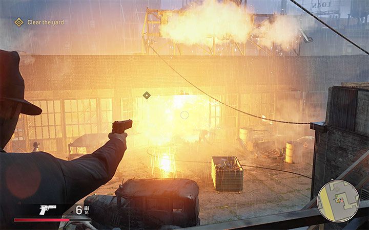 After all visible enemies have been eliminated, break through the side gate and stand in a spot where you can see the interior of the building - Mafia Definitive Edition: Better Get Used to It - walkthrough - Walkthrough - Mafia Definitive Edition Guide, Walkthrough