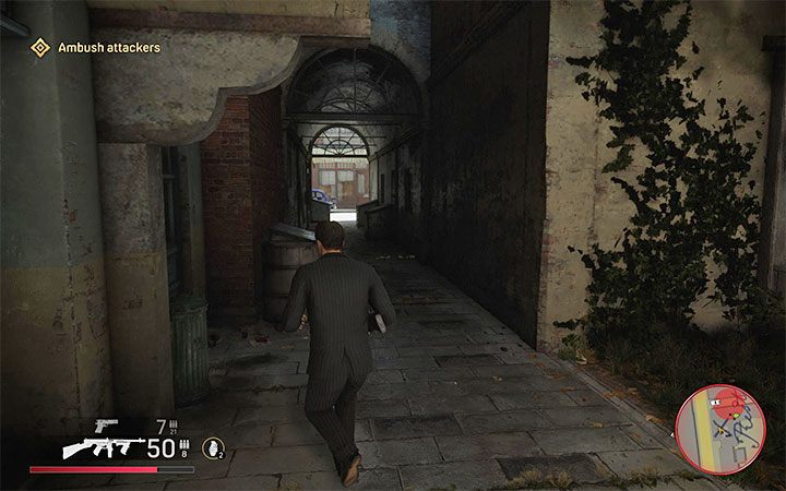 After the battle, take the narrow alleyway shown in the picture that runs between the restaurant building and an adjacent apartment building - Mafia Definitive Edition: Bon appetit! - walkthrough - Walkthrough - Mafia Definitive Edition Guide, Walkthrough