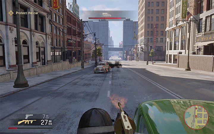 It is best to shoot longer bursts – start firing before the vehicle gets close to your car - Mafia Definitive Edition: Professional Protection - walkthrough - Free raid - Mafia Definitive Edition Guide, Walkthrough