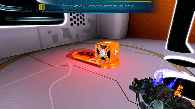 First, pick up a cube in the middle of the room and place in on the launcher, like above - Introductory Jumper - Walkthrough - Act I - Magrunner: Dark Pulse - Game Guide and Walkthrough