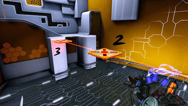 When platforms start moving closer, change their charges on red - Platform Test - Walkthrough - Act I - Magrunner: Dark Pulse - Game Guide and Walkthrough