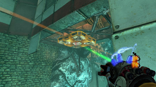 Turn around and change the charge of vertical platform on green (screen above) - Signal Interrupt - Walkthrough - Act II - Magrunner: Dark Pulse - Game Guide and Walkthrough